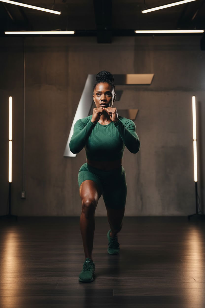 50-Year-Old Black Woman in Green Compression Shorts - Dynamic Pose