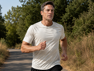 men running in white athletic t-shirt by aerowear