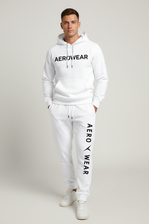 AERO Core Sweat Jogger - White - Man in 20s - Vertical AERO WEAR Text