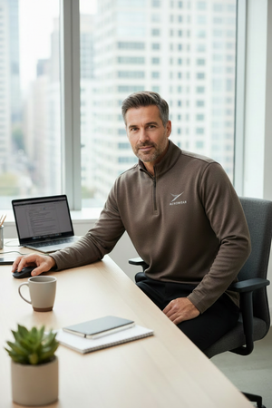 Aero Quarter-Zip - Brown Heather - Man in 60s - Office - AEROWEAR Logo