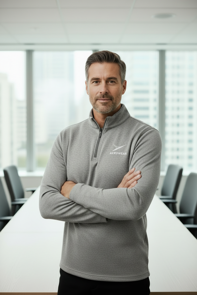 Aero Quarter-Zip - Light Grey Heather - Man in 70s - Arms Crossed Meeting Room