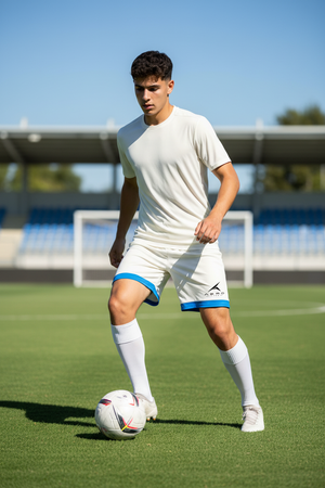 Ivory Polyester Soccer Shorts - Blue Stripe & AEROWEAR Logo