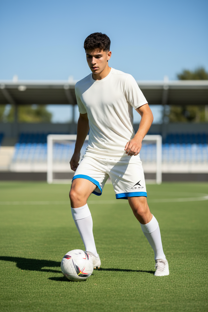 Ivory Polyester Soccer Shorts - Blue Stripe & AEROWEAR Logo