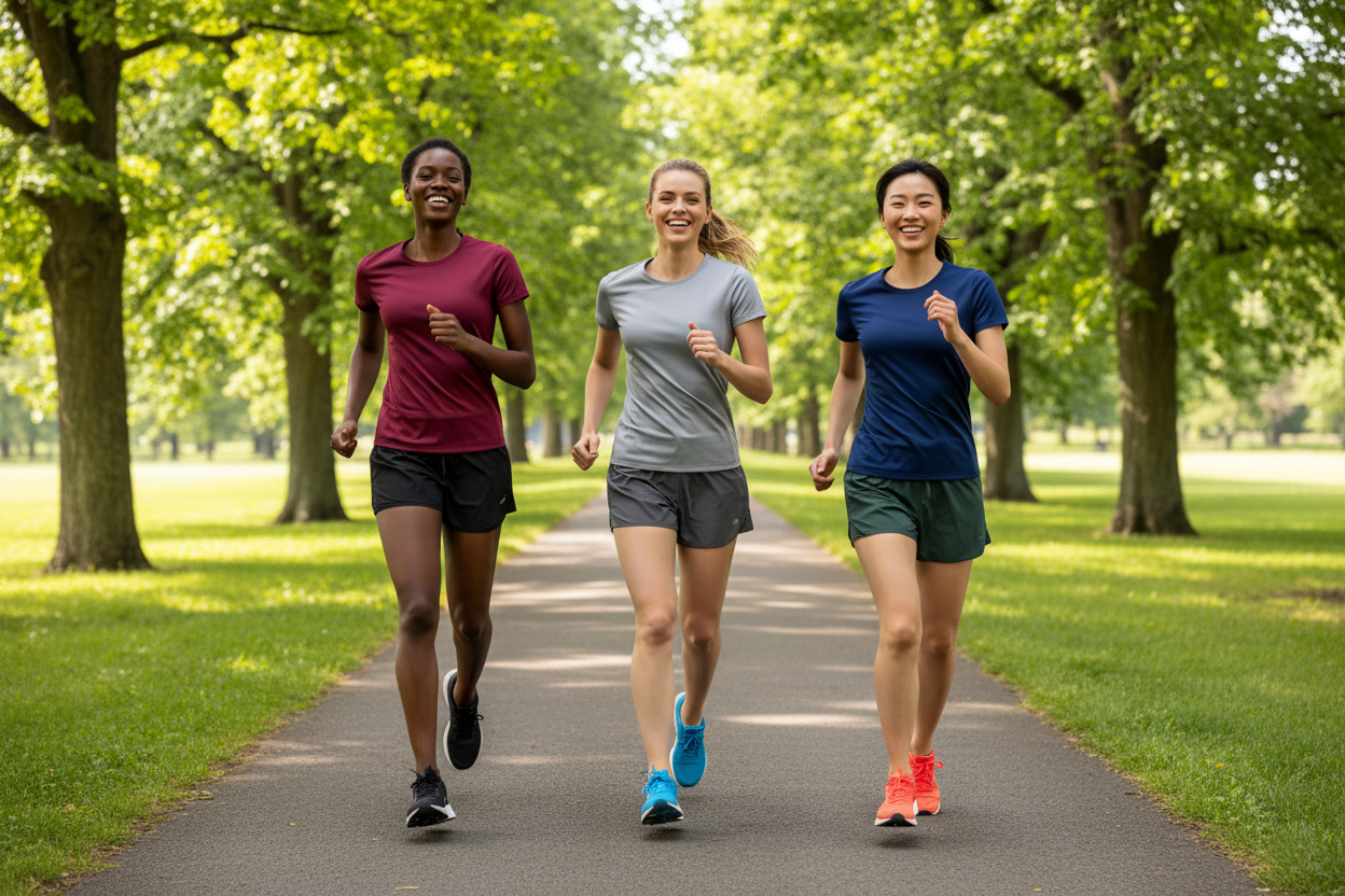 Three Diverse Women Running in Park Wearing Aero Short Sleeve Performance Tees