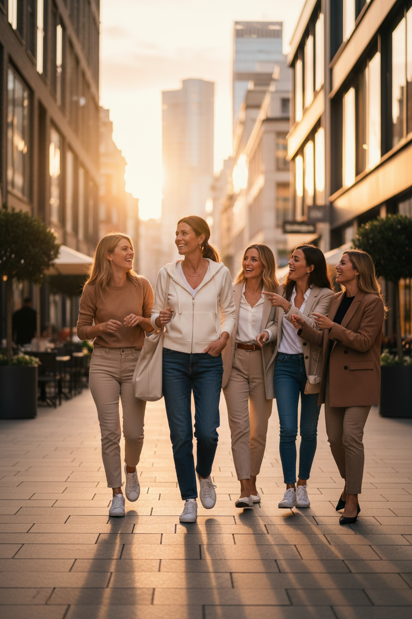 Woman in Ivory Full Zip Hoodie Walking with Friends