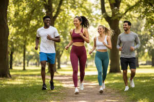 Young Asian Woman Running in Park with Friends in Burgundy High Rise Leggings