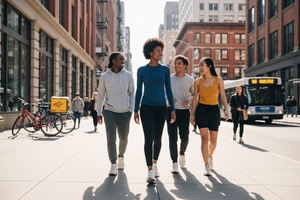 Young Black Woman with Friends Walking on Street in Dark Blue Long Sleeve Tee