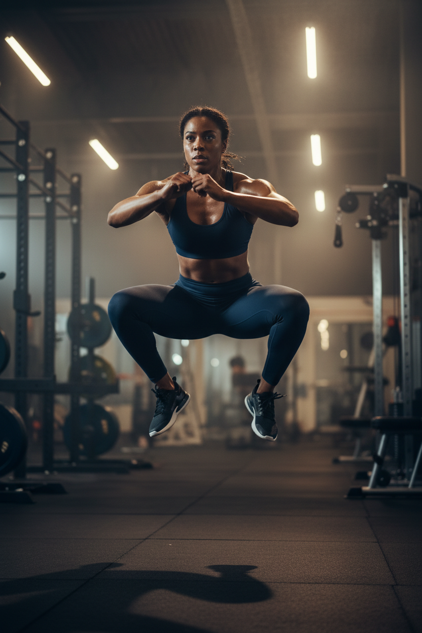 30-Year-Old Black Woman in Navy Sports Bra at Gym