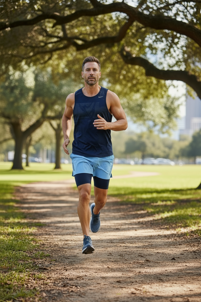 40-Year-Old Male Running in Park – Medium Blue Running Shorts