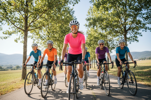 40-Year-Old Woman Cycling with Friends in Pink Short Sleeve Performance Tee