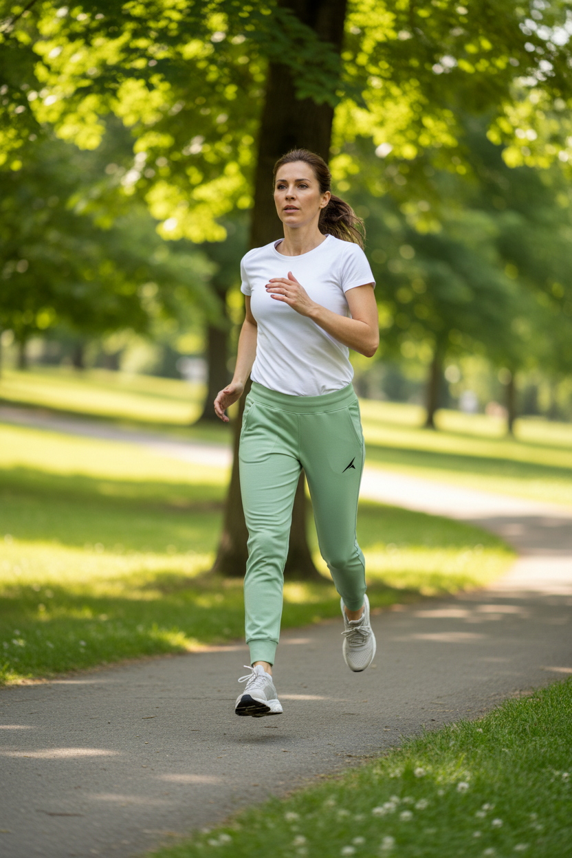 40-Year-Old Woman Running in Park - Light Green Joggers with Logo Only