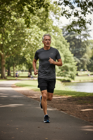 60-Year-Old Man Running in Park – Black Running Shorts