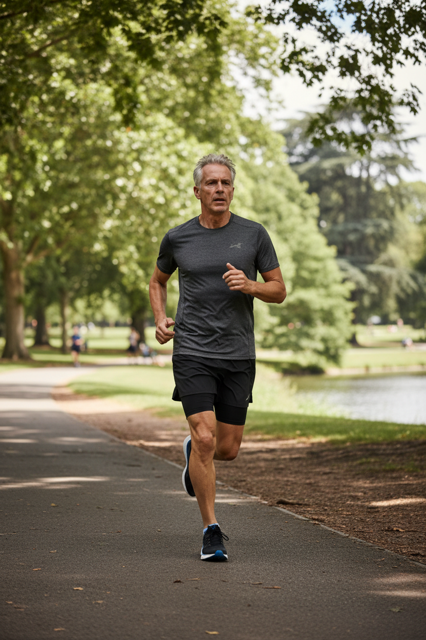 60-Year-Old Man Running in Park – Black Running Shorts