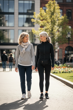60-Year-Old Women Walking on Street – Black Compression Jacket
