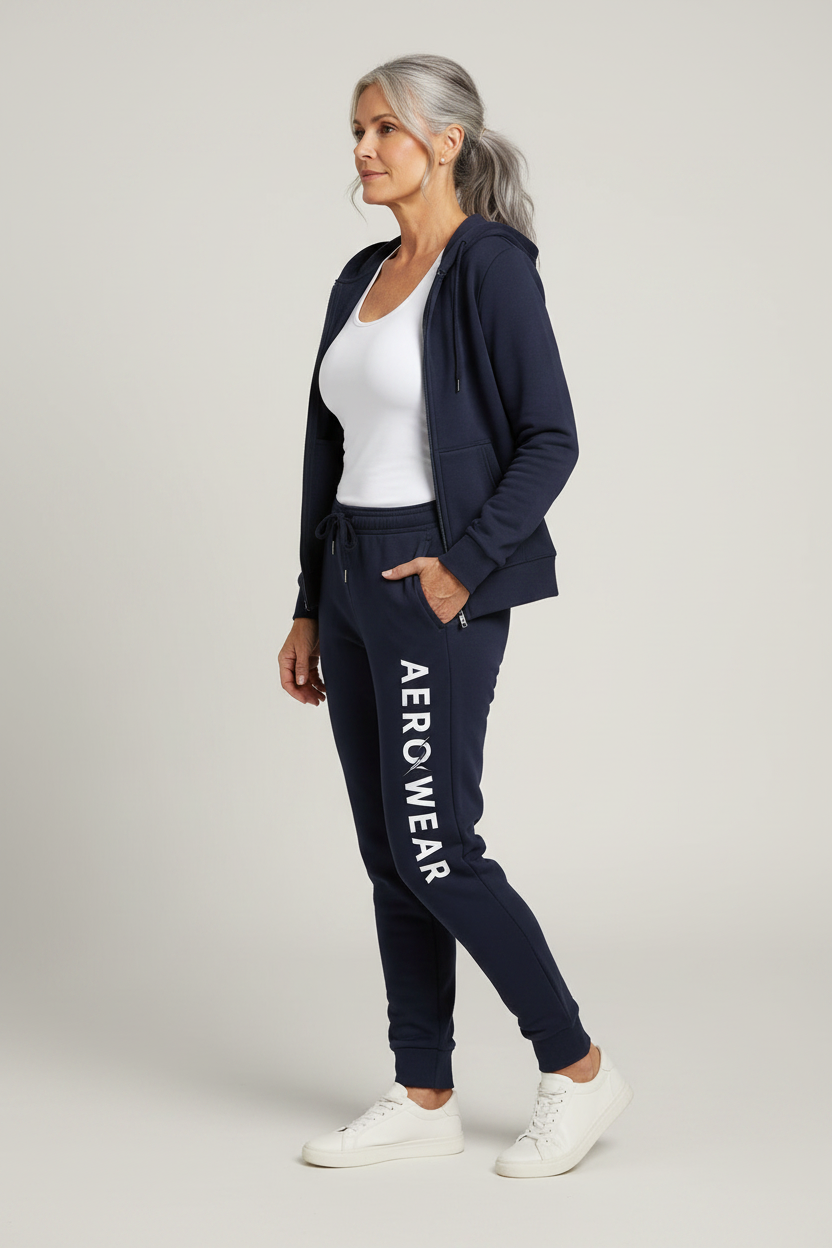 AERO Core Sweat Jogger - Navy - Woman in 50s - Vertical AERO WEAR Text