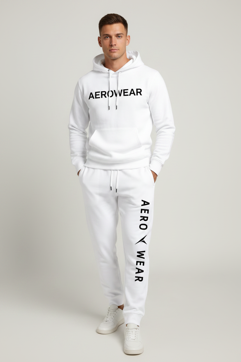 AERO Core Sweat Jogger - White - Man in 20s - Vertical AERO WEAR Text