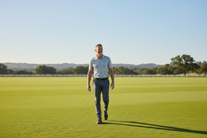 Aero Performance Nylon Polo – Grey, Man Walking Alone on Polo Ground