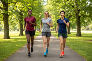 Three Diverse Women Running in Park Wearing Aero Short Sleeve Performance Tees