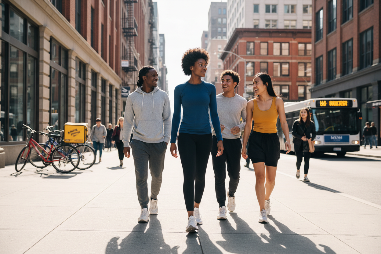 Young Black Woman with Friends Walking on Street in Dark Blue Long Sleeve Tee